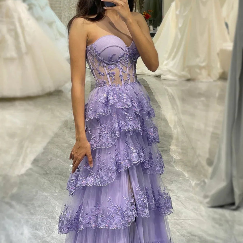 
                      
                        Sweetheart Lavender Appliques Tiered Long Dress
                      
                    