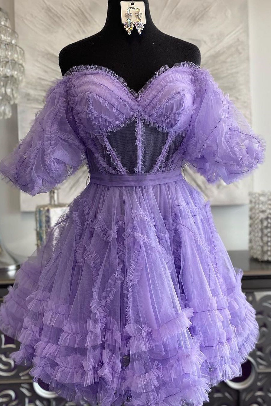 Sweetheart Lavender Short Dress with Puff Sleeves