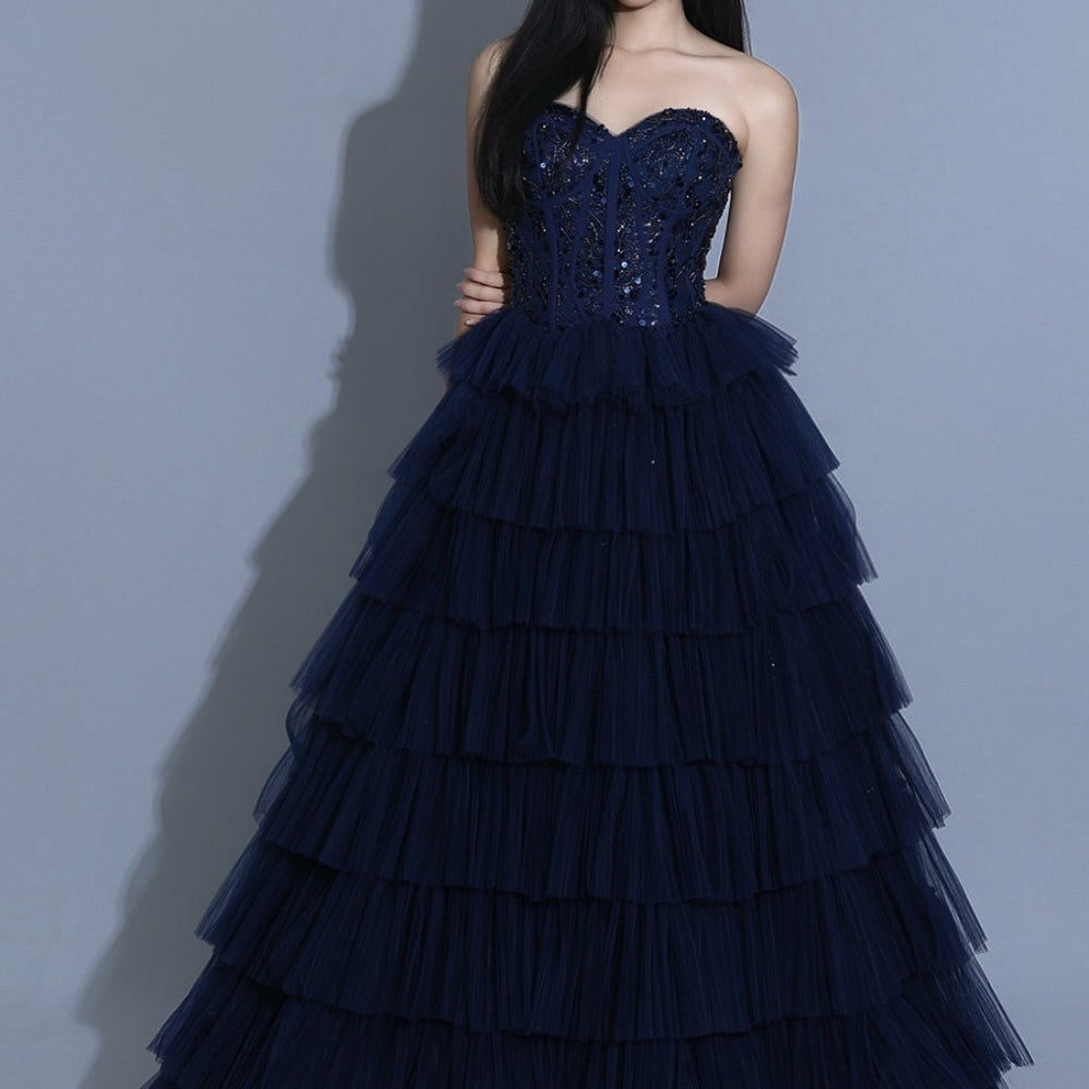 
                      
                        Sweetheart Navy Blue Beaded Ruffle Tiered Long Dress
                      
                    