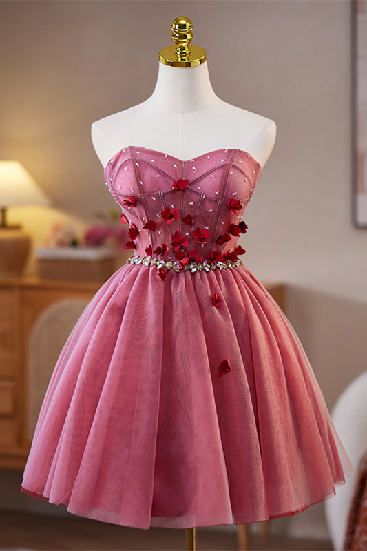 Sweetheart Pink 3D Floral Short Dress with Diamonds