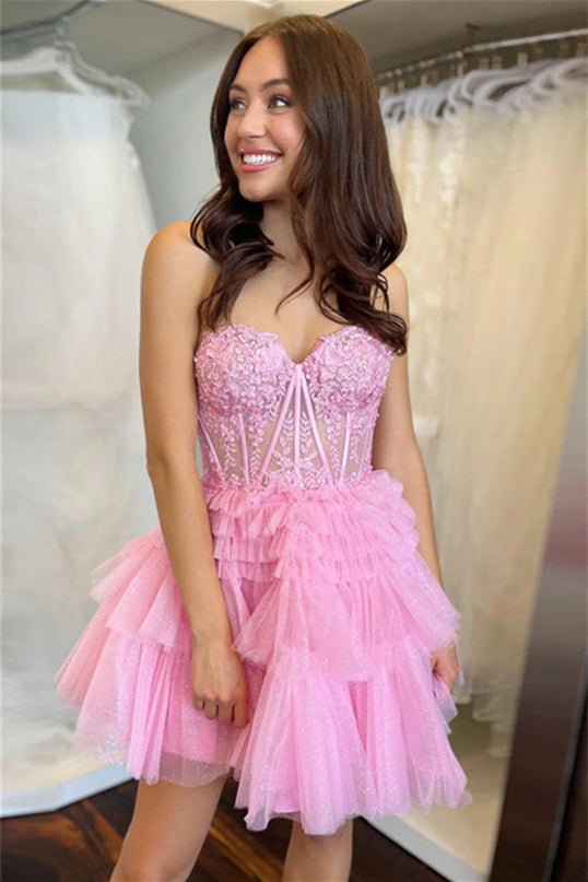 
                      
                        Sweetheart Pink Appliques Ruffles Short Dress
                      
                    