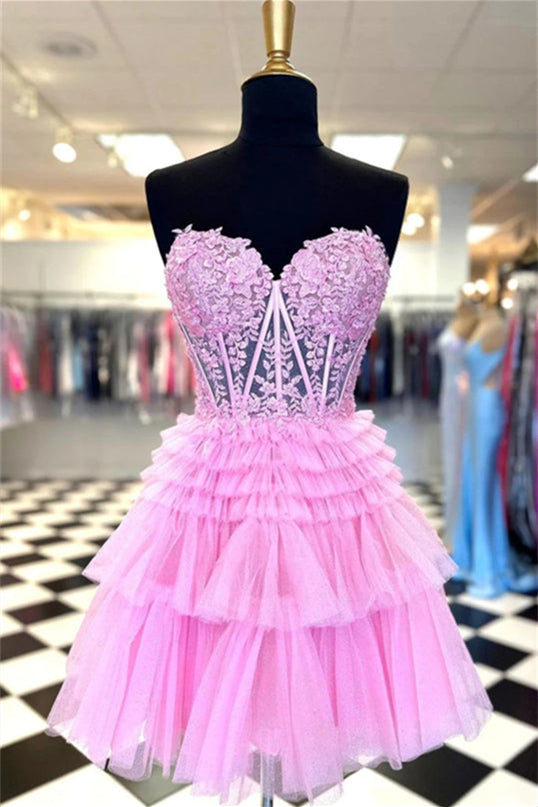 Sweetheart Pink Appliques Ruffles Short Dress