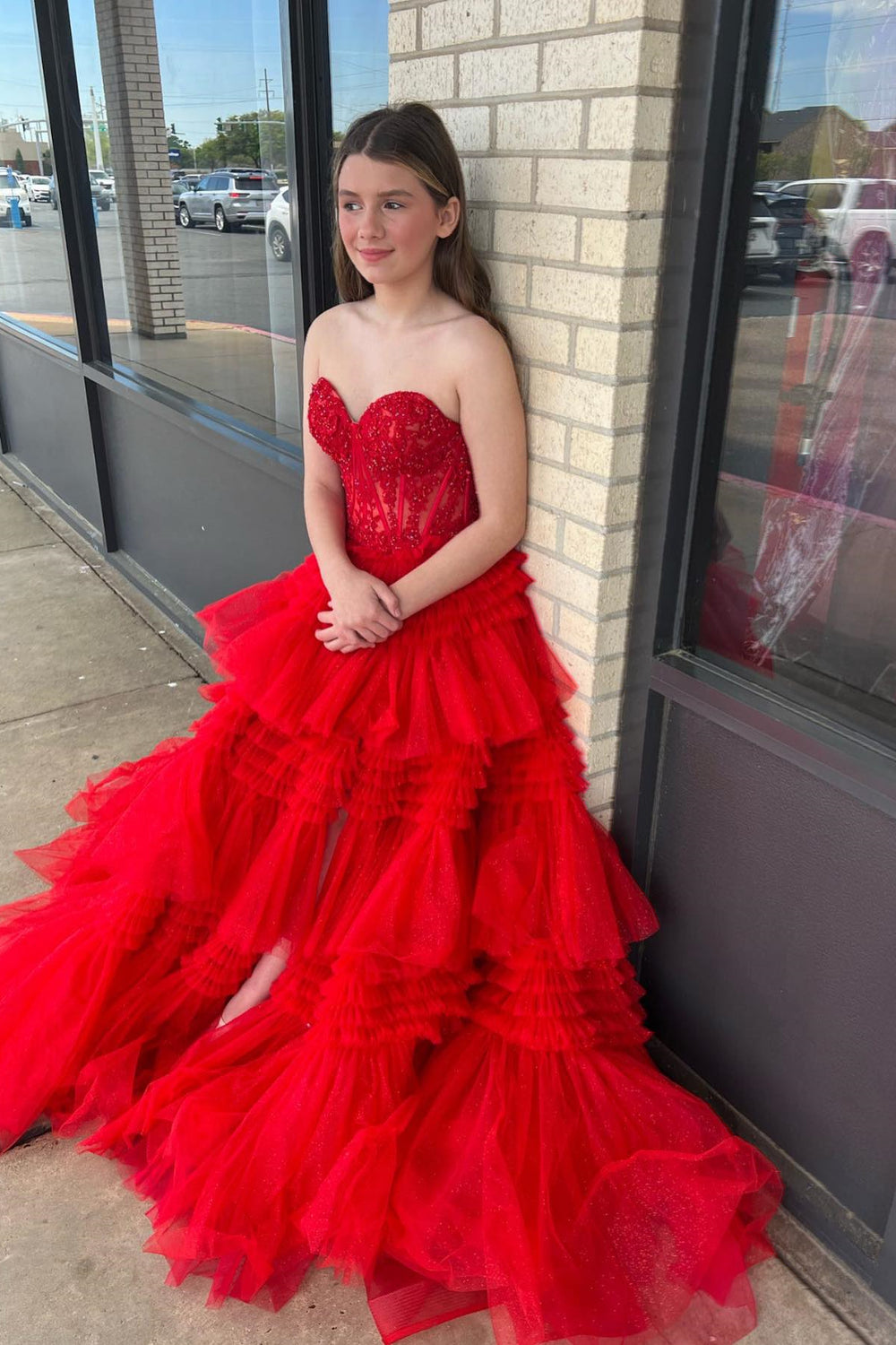 Sweetheart Red Appliques Tiered Long Dress