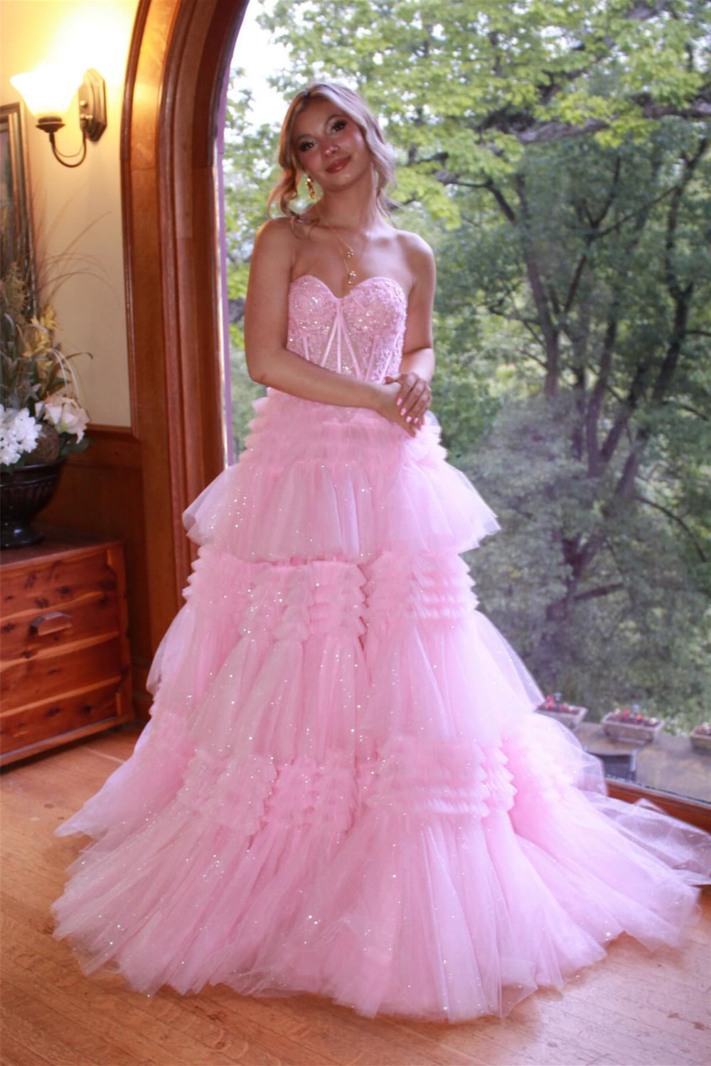 Sweetheart Pink Appliques Tiered Long Dress