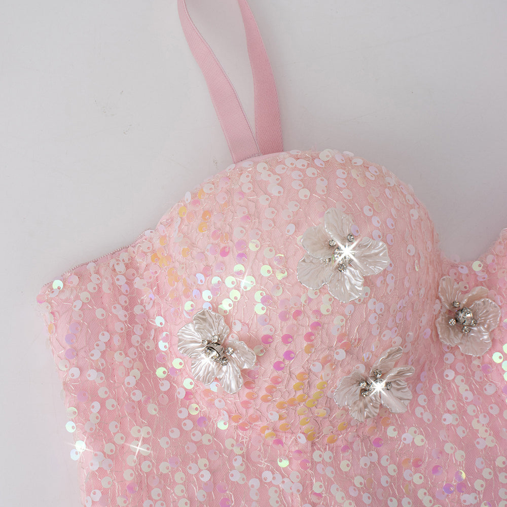 
                      
                        Sweetheart Pink Sequin Floral Corset Top
                      
                    