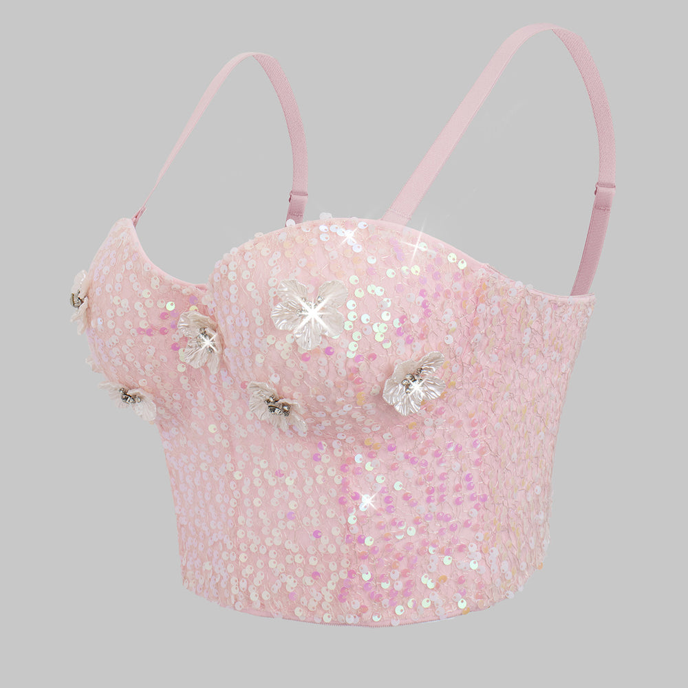 
                      
                        Sweetheart Pink Sequin Floral Corset Top
                      
                    