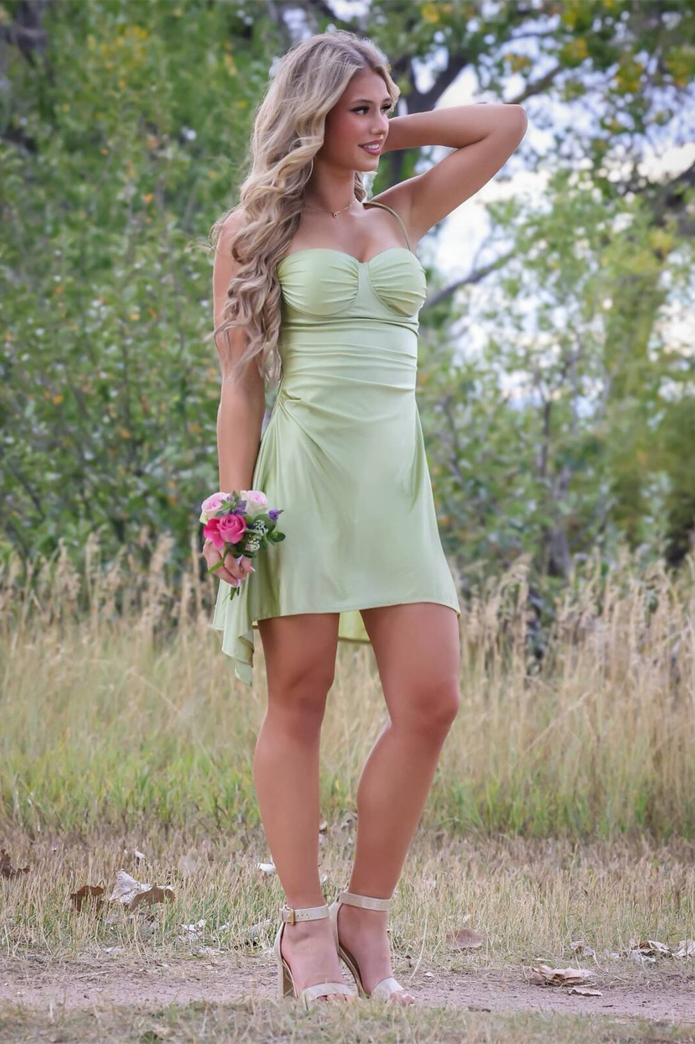 Sweetheart Sage Green Ruched A-line Short Dress