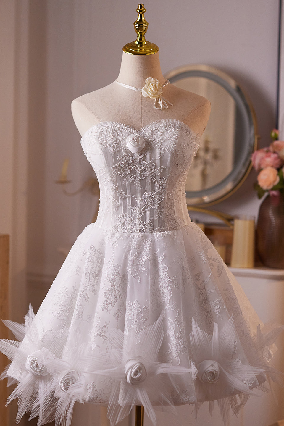 Sweetheart White Lace Short Dress with 3D Floral