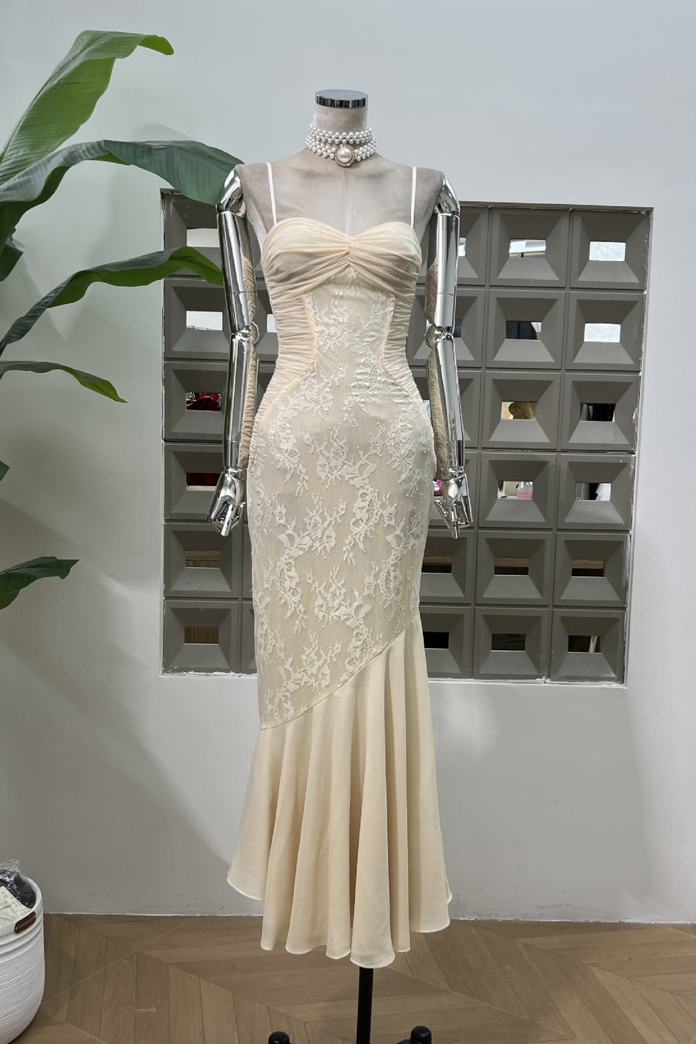 Sweetheart Apricot Ruched Lace Mermaid Long Dress