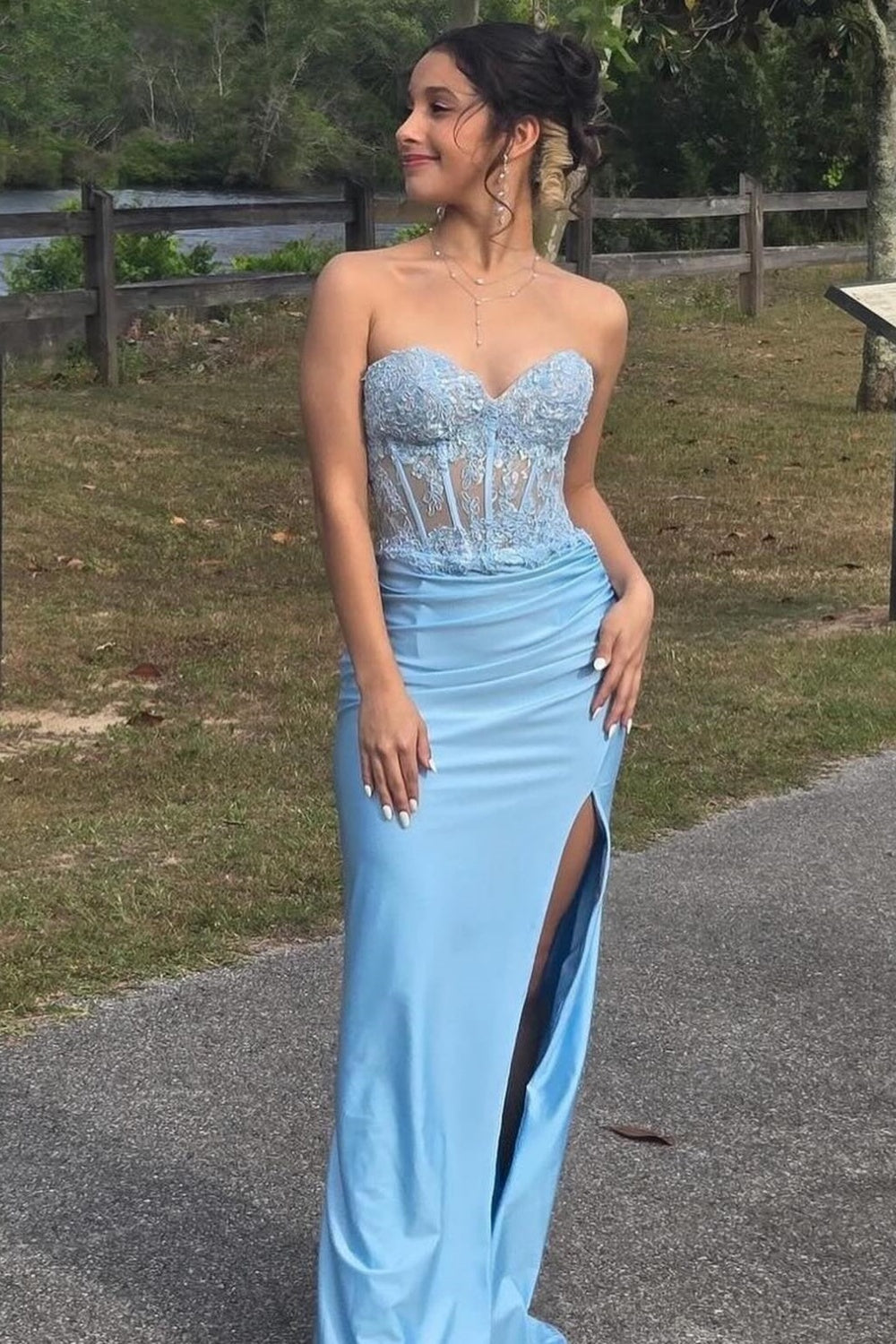 Sweetheart Hot Pink Appliques Long Dress with Slit