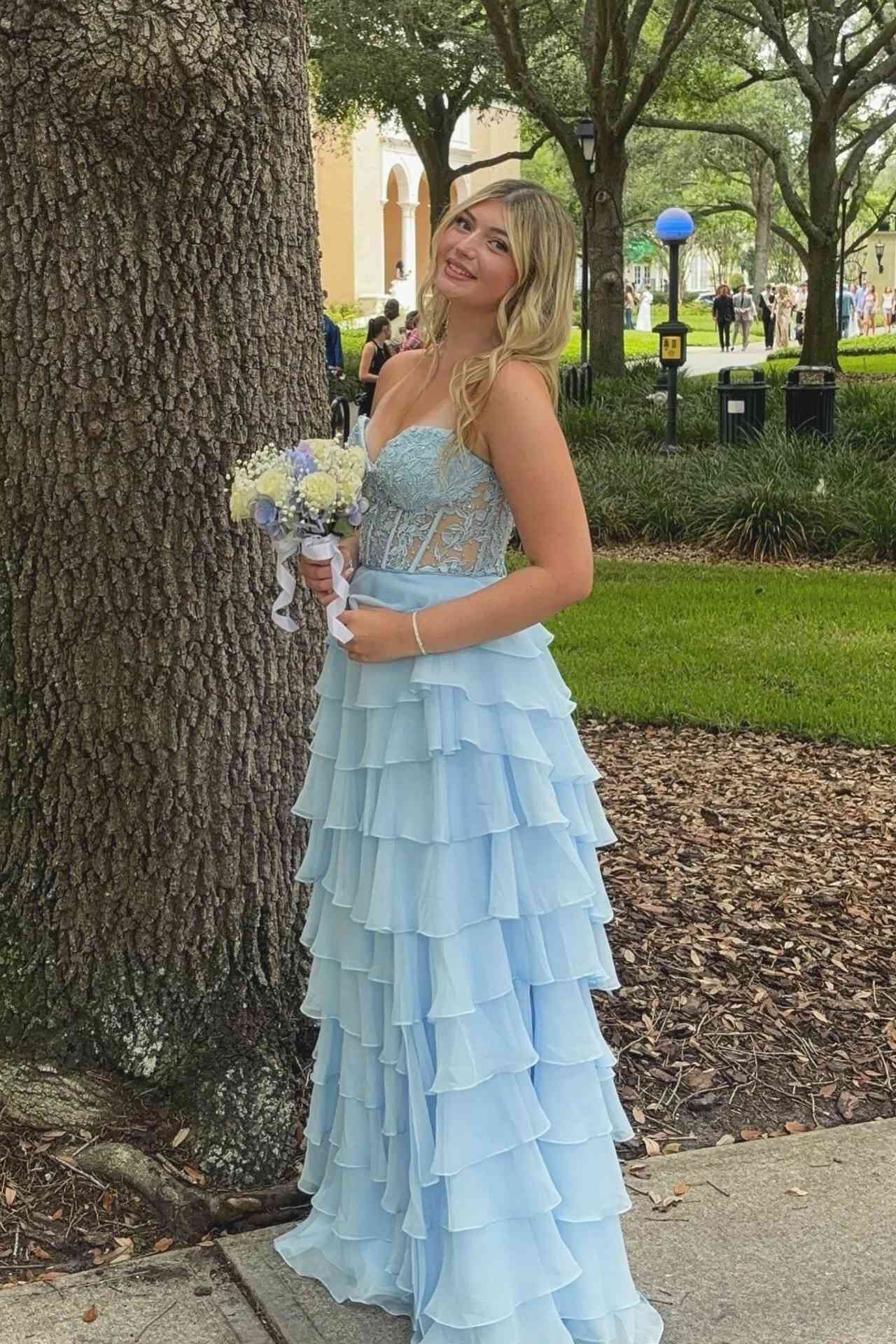 Sweetheart Lace and Chiffon Ruffle Long Prom Dress