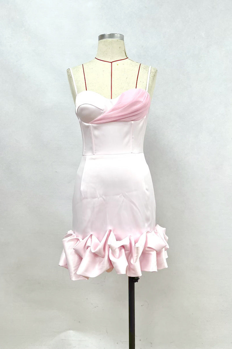 Sweetheart Light Pink Ruffled Hem Short Dress