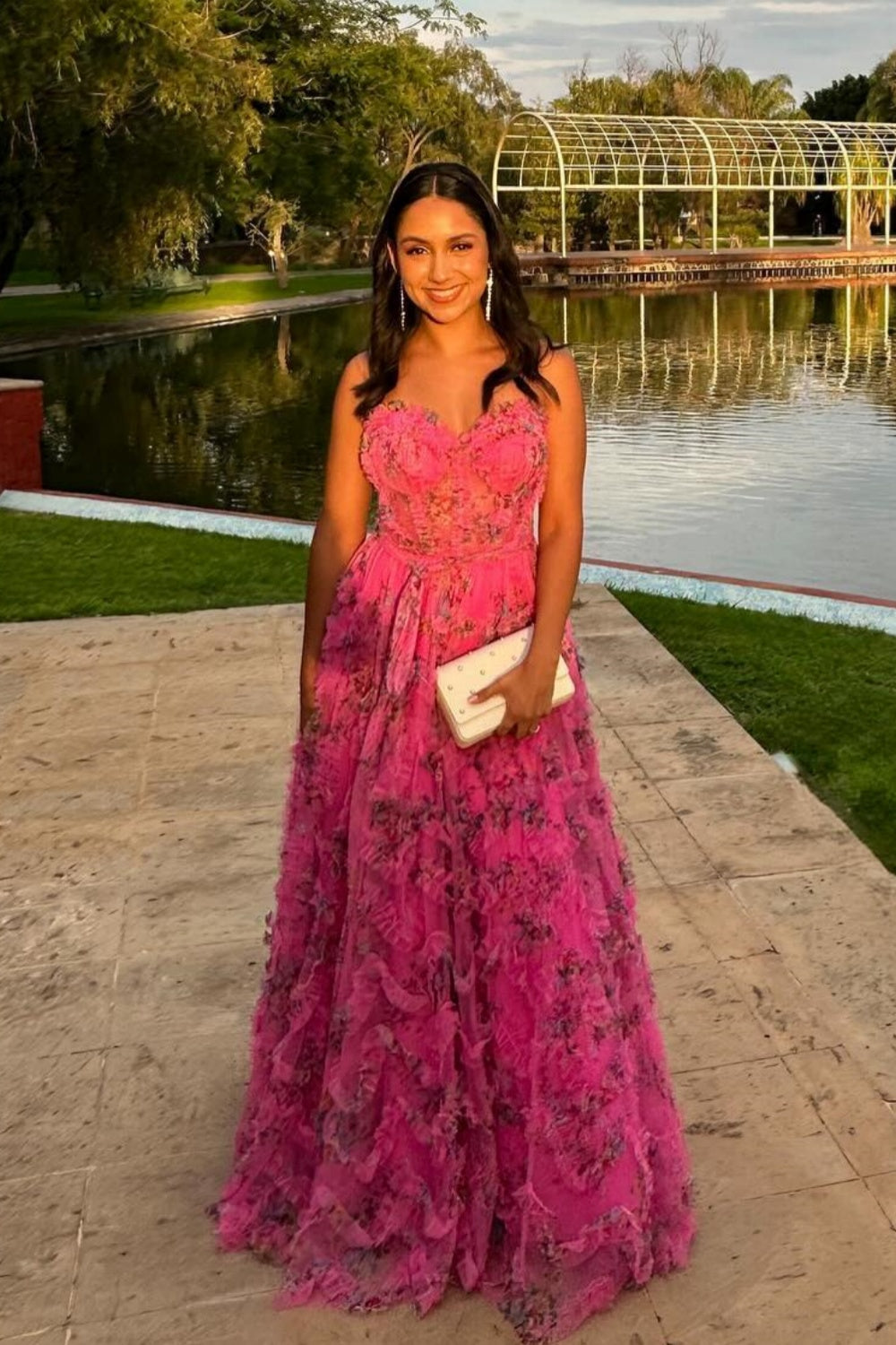 Sweetheart Purple Floral Print Ruffle Long Dress