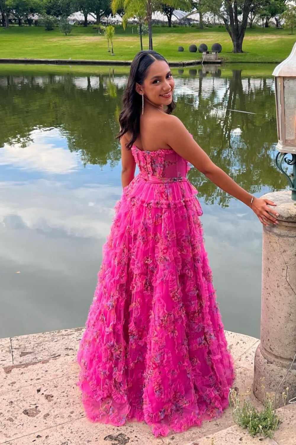 Sweetheart Purple Floral Print Ruffle Long Dress