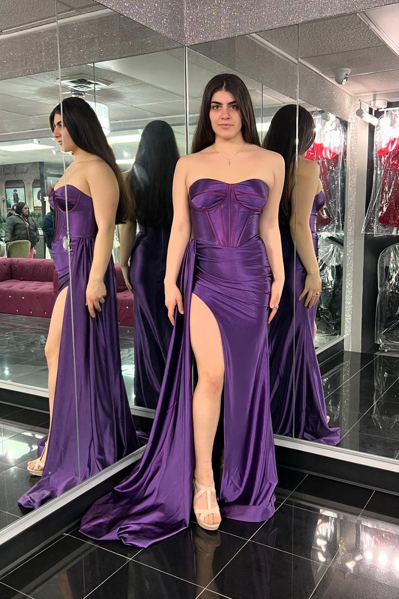 Sweetheart Purple Ruched Long Dress with Slit