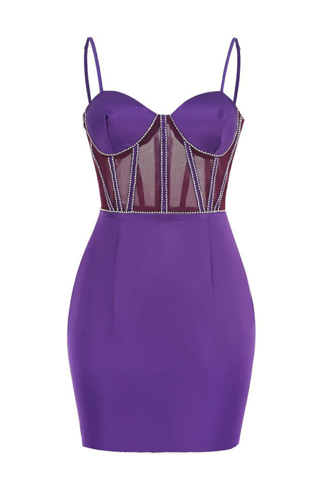 Sweetheart Purple Sheer Bodice Short Dress with Beaded