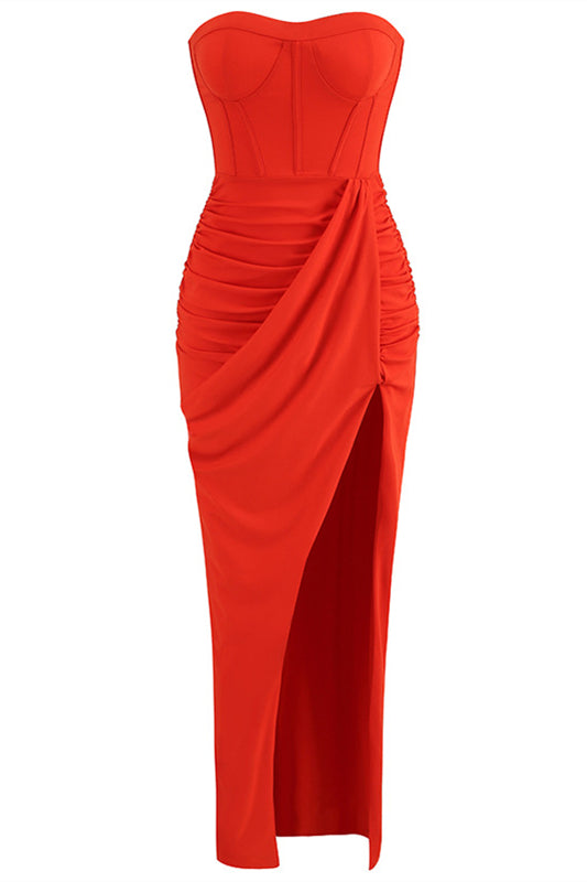 Sweetheart Red Ruched Long Dress with Slit