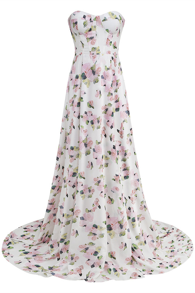 Sweetheart White Floral Print Long Dress with Slit