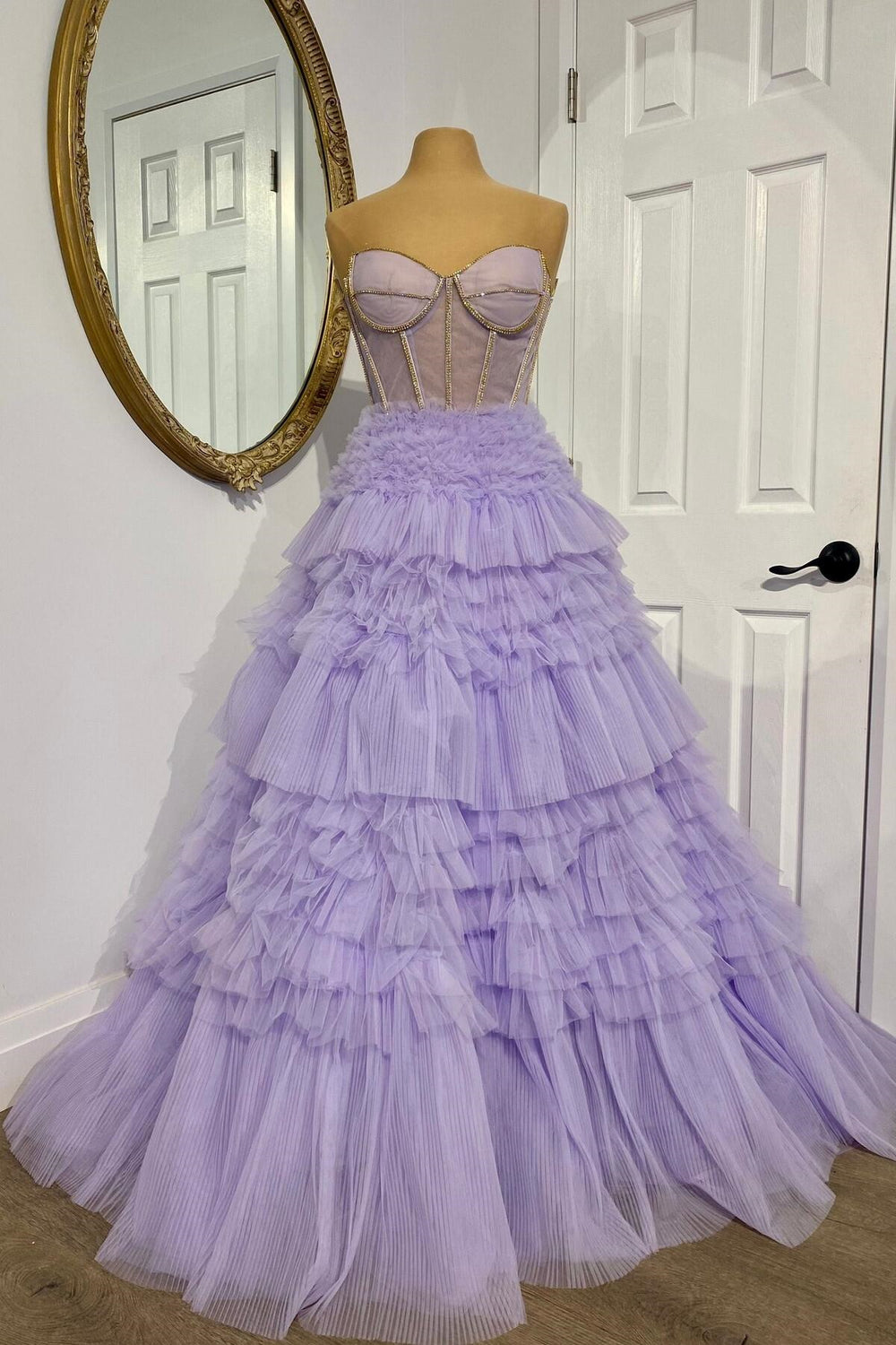 Sweetheart Lavender Corset Tulle Tiered Ruffles Gown