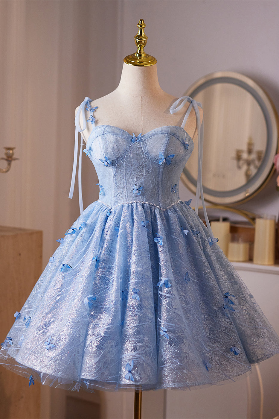 Tie Shoulder Blue Butterfly Tulle Short Dress