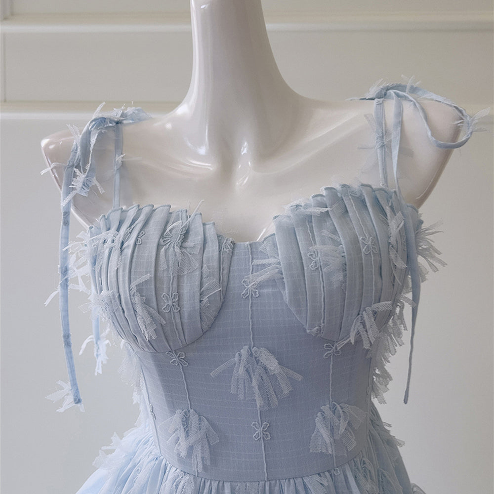 
                      
                        Tie Shoulder Blue Tiered Long Dress with Tassels
                      
                    