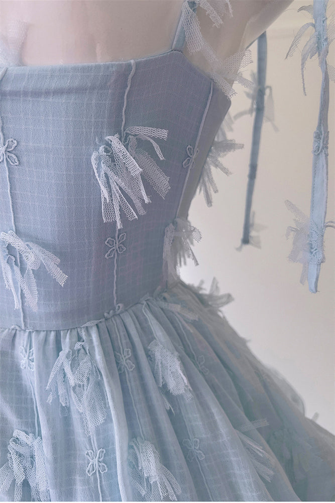 
                      
                        Tie Shoulder Blue Tiered Long Dress with Tassels
                      
                    