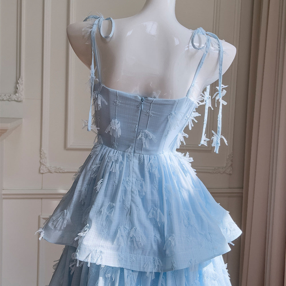 
                      
                        Tie Shoulder Blue Tiered Long Dress with Tassels
                      
                    