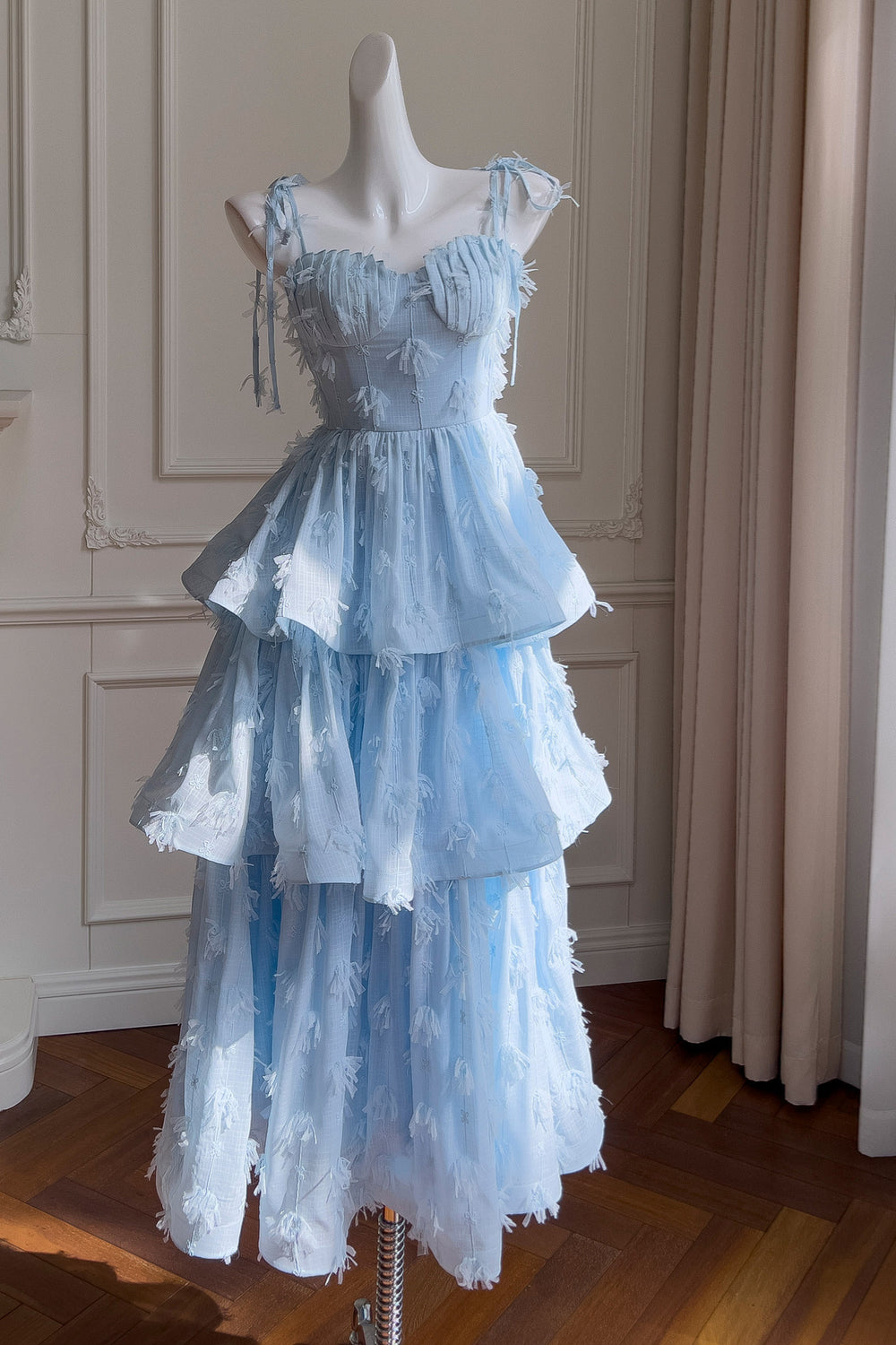 Tie Shoulder Blue Tiered Long Dress with Tassels