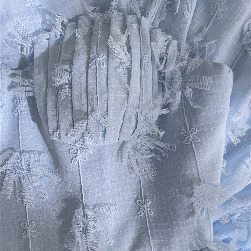 
                      
                        Tie Shoulder Blue Tiered Long Dress with Tassels
                      
                    