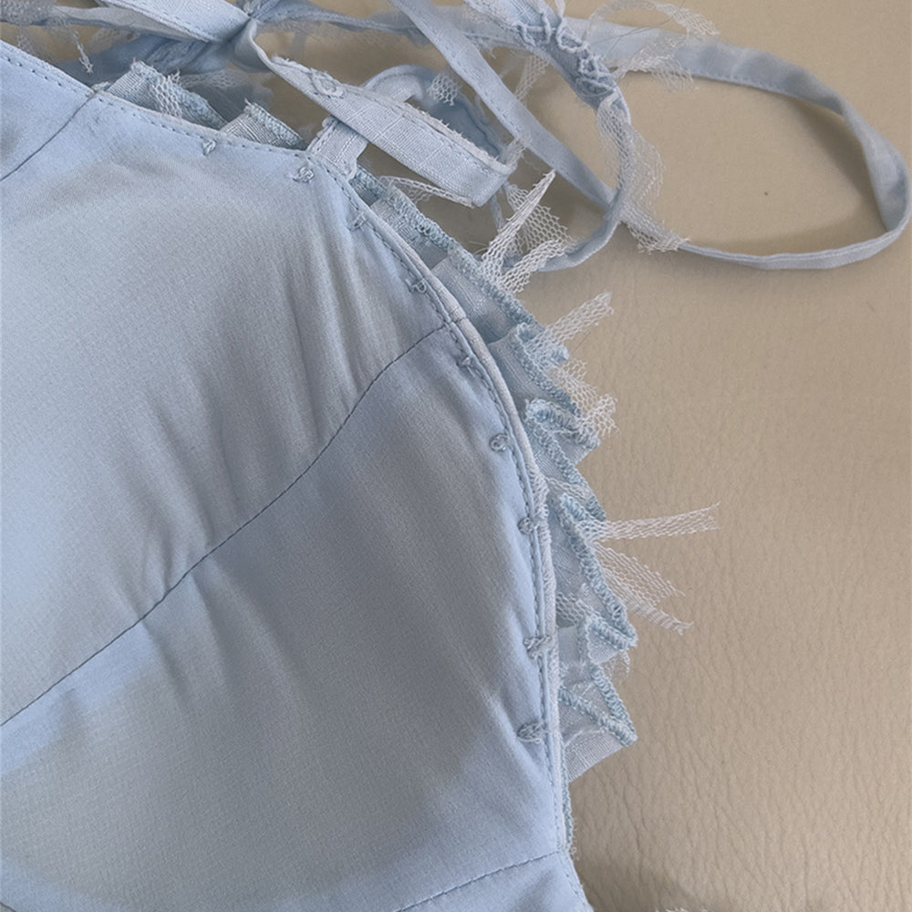 
                      
                        Tie Shoulder Blue Tiered Long Dress with Tassels
                      
                    