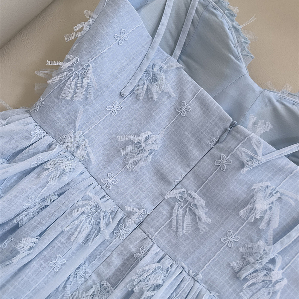 
                      
                        Tie Shoulder Blue Tiered Long Dress with Tassels
                      
                    