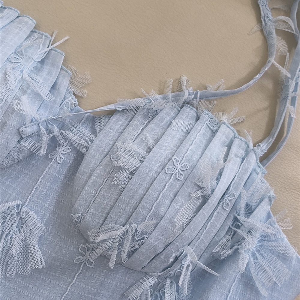 
                      
                        Tie Shoulder Blue Tiered Long Dress with Tassels
                      
                    