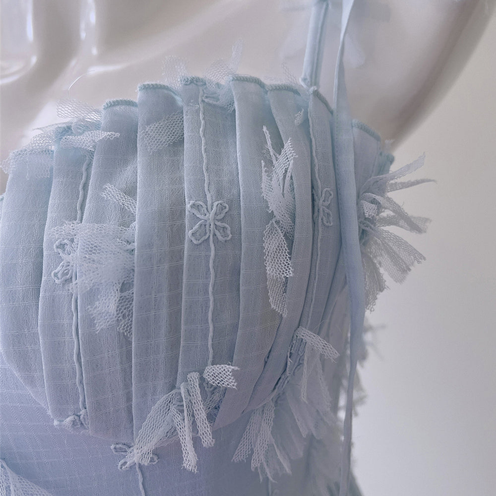 
                      
                        Tie Shoulder Blue Tiered Long Dress with Tassels
                      
                    