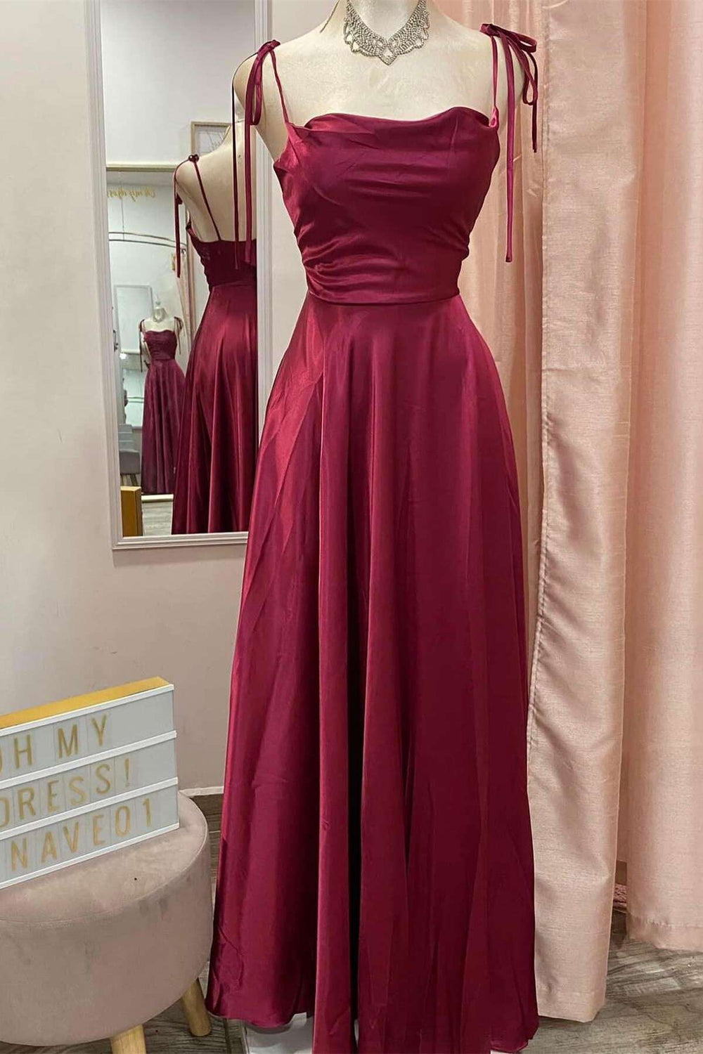 Tie Shoulder Burgundy A-line Satin Long Dress