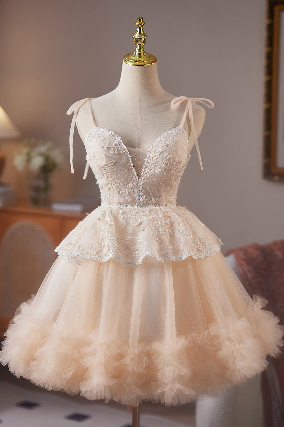 Tie Shoulder Champagne Ruffled Hem Short Dress