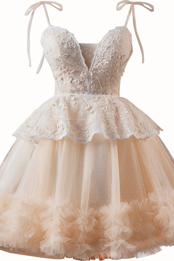 
                      
                        Tie Shoulder Champagne Ruffled Hem Short Dress
                      
                    