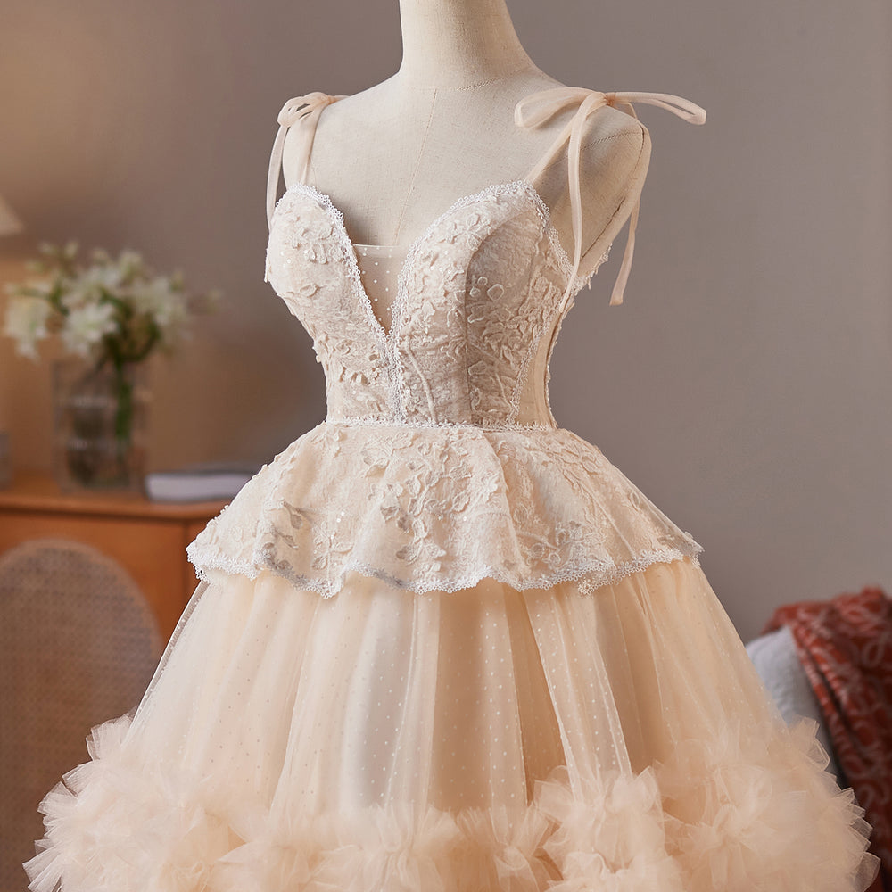 
                      
                        Tie Shoulder Champagne Ruffled Hem Short Dress
                      
                    