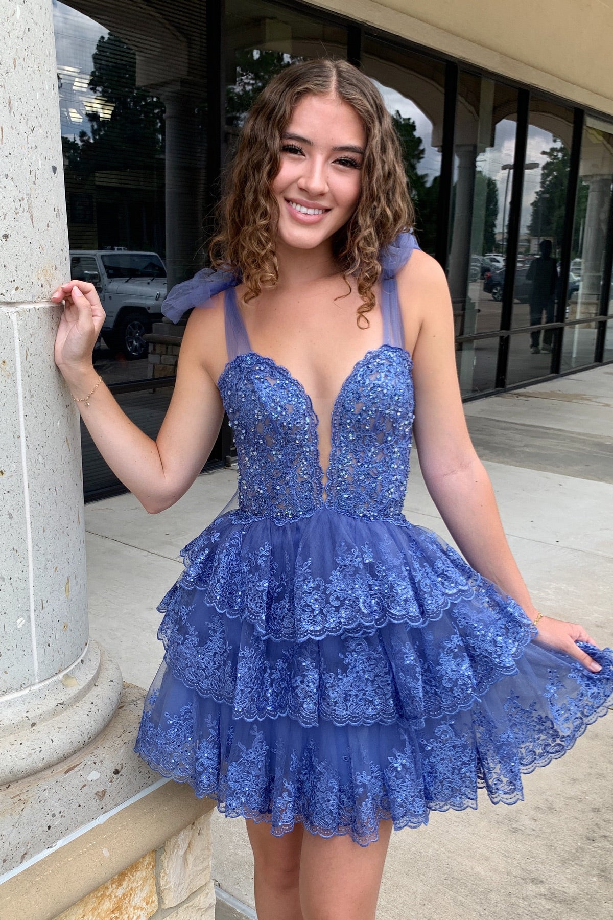 Light Blue Appliques Tiered A-line Short Dress – PollyBoutique