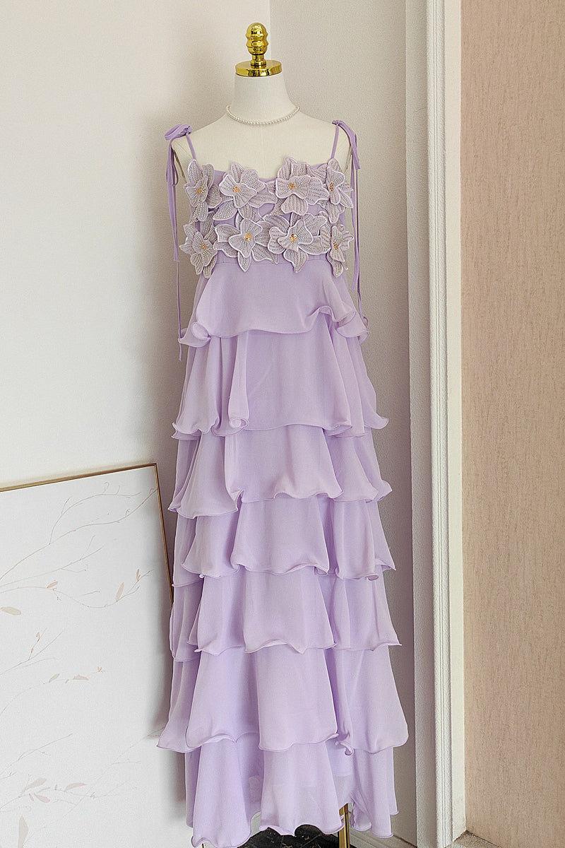 Tie Shoulder Lilac 3D Floral Ruffled Hem Long Dress