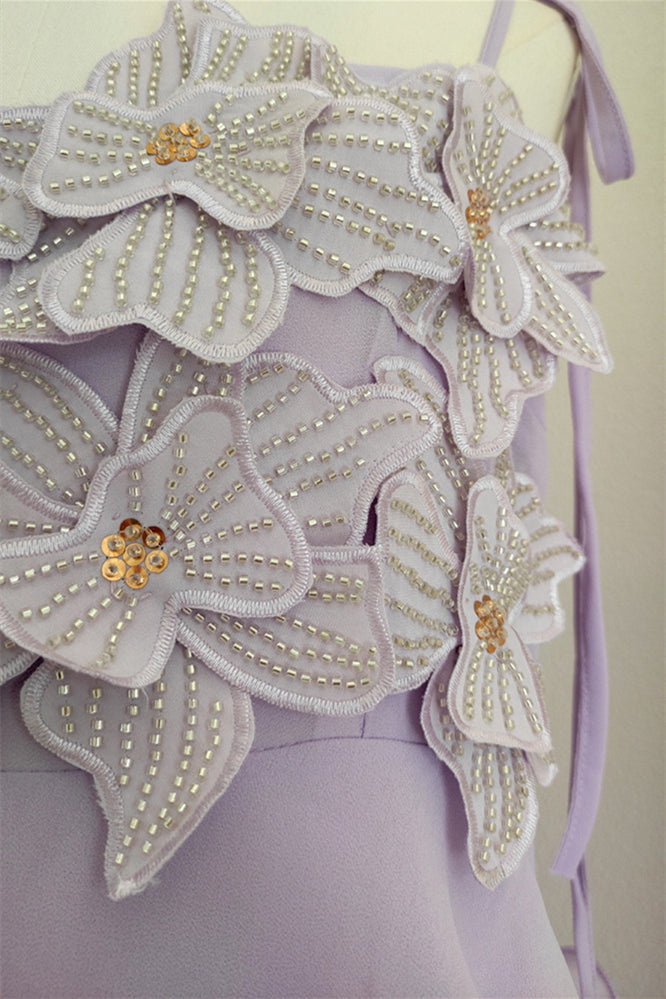 
                      
                        Tie Shoulder Lilac 3D Floral Ruffled Hem Long Dress
                      
                    