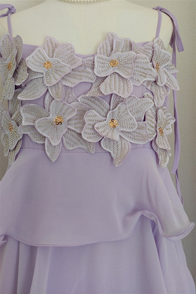 
                      
                        Tie Shoulder Lilac 3D Floral Ruffled Hem Long Dress
                      
                    