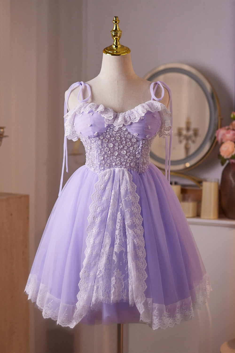 Tie Shoulder Lilac Lace Stitching Beaded Short Dress