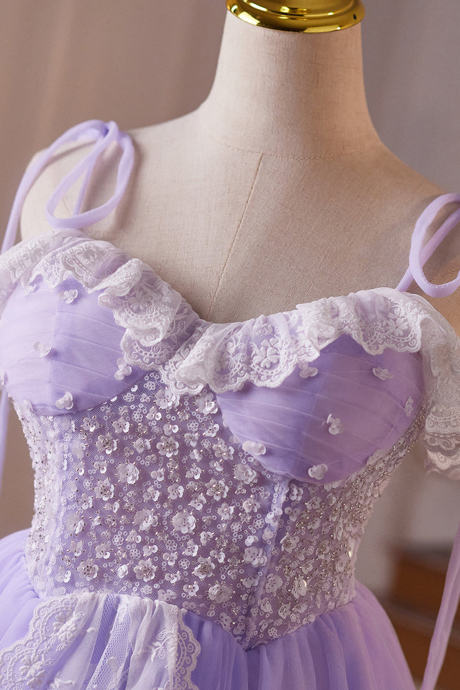 
                      
                        Tie Shoulder Lilac Lace Stitching Beaded Short Dress
                      
                    