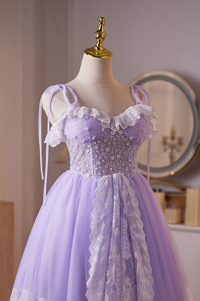 
                      
                        Tie Shoulder Lilac Lace Stitching Beaded Short Dress
                      
                    