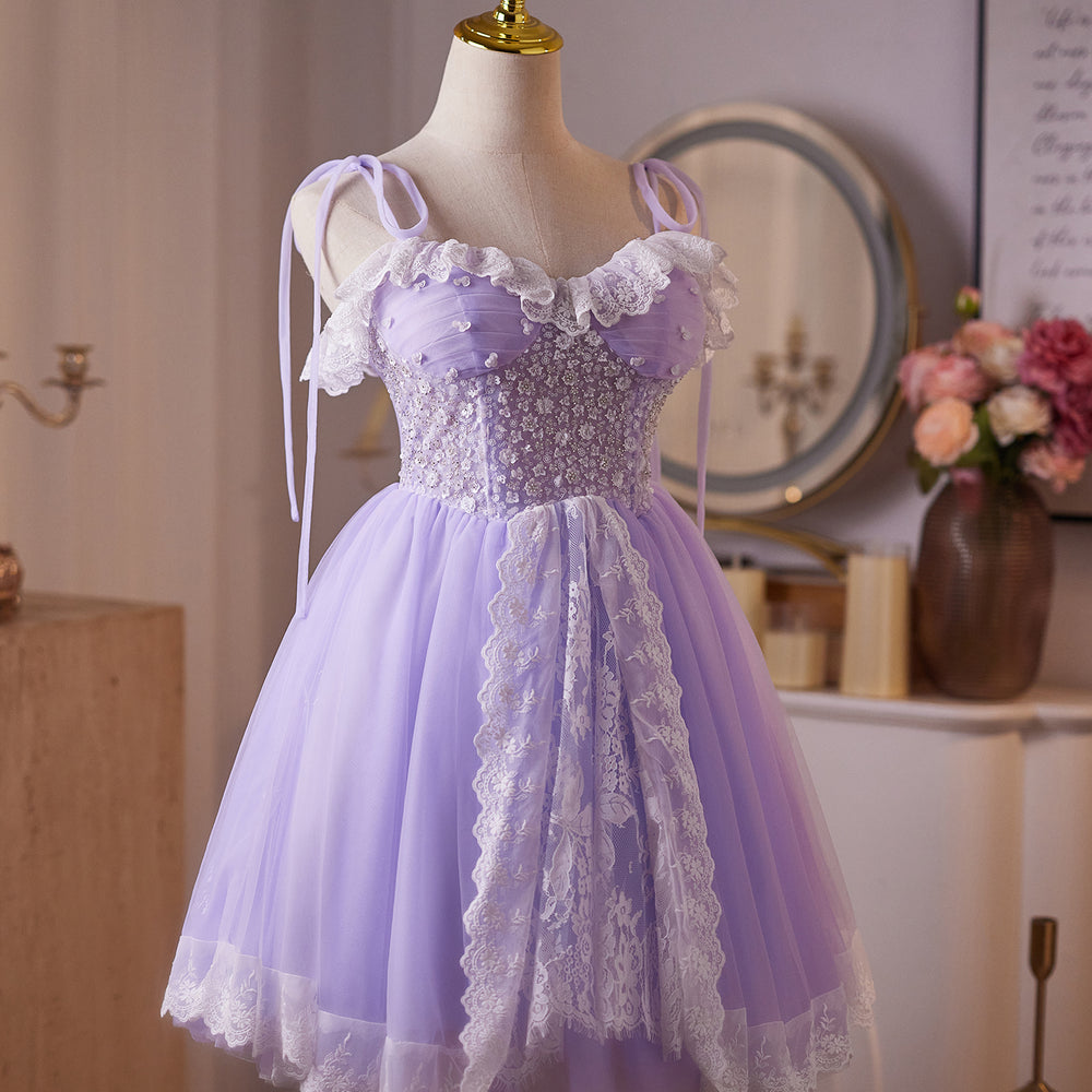 
                      
                        Tie Shoulder Lilac Lace Stitching Beaded Short Dress
                      
                    