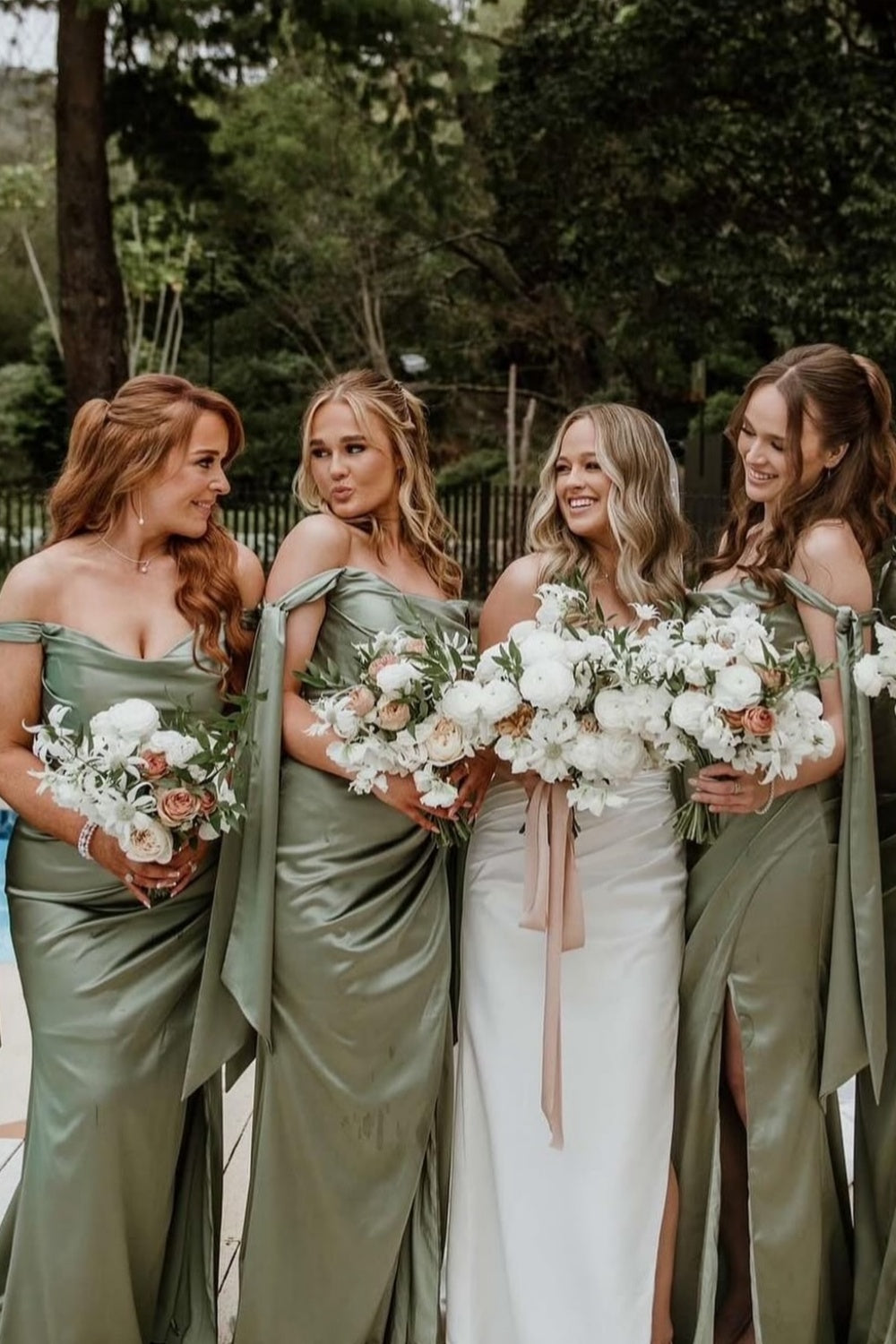 Tie Shoulder Moss Green Ruched Bridesmaid Dress – PollyBoutique