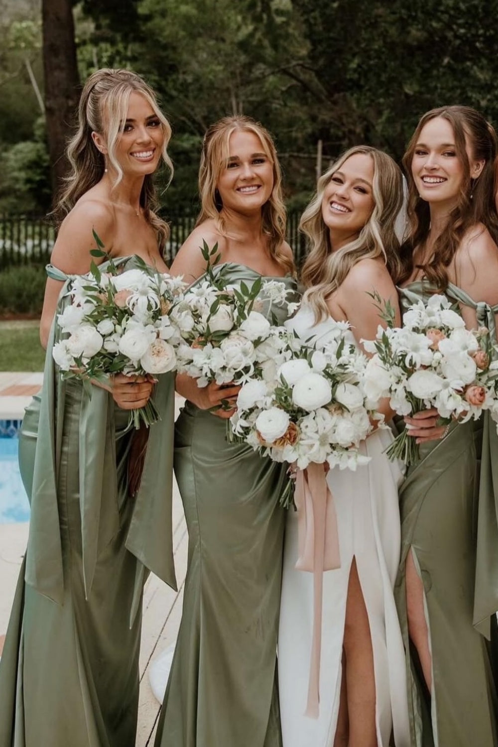 Tie Shoulder Moss Green Ruched Bridesmaid Dress