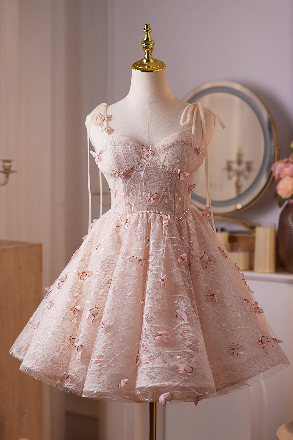 Tie Shoulder Pink 3D Butterfly Tulle Short Dress