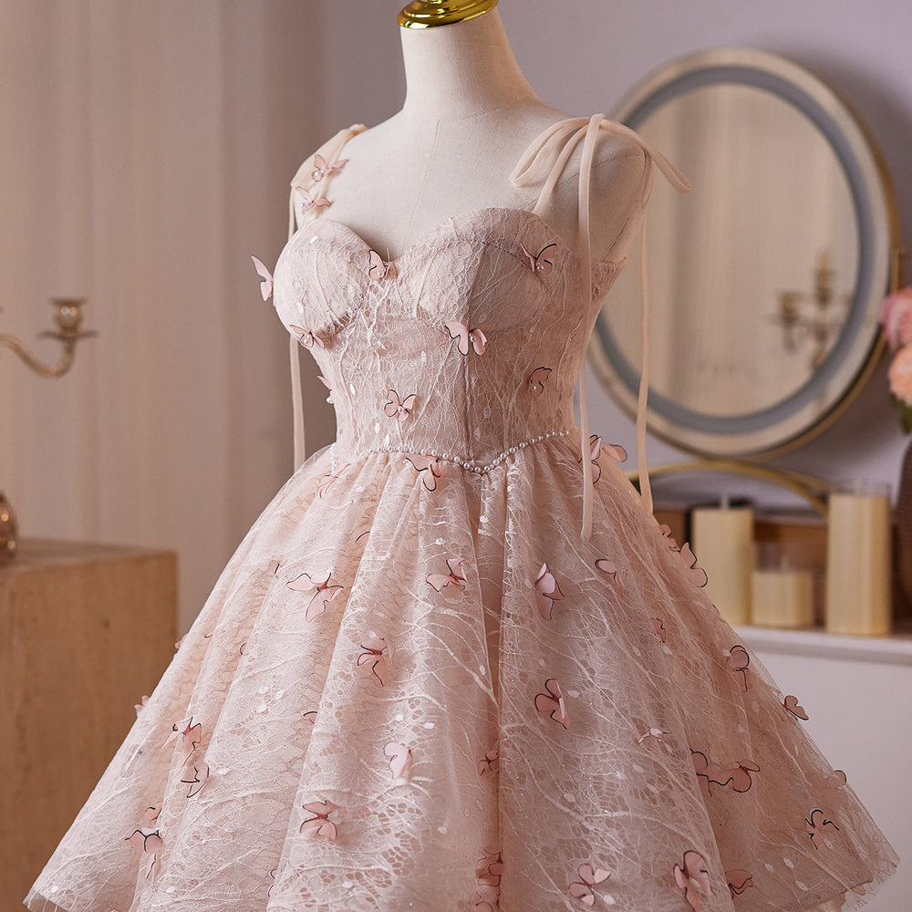 
                      
                        Tie Shoulder Pink 3D Butterfly Tulle Short Dress
                      
                    