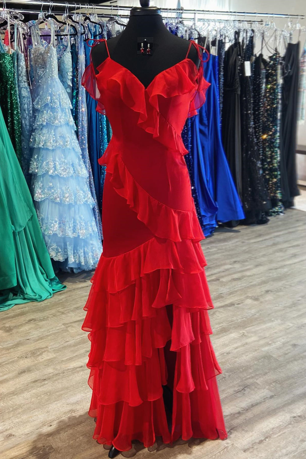 Tie Shoulder Red Ruffle Tiered Long Dress with Slit